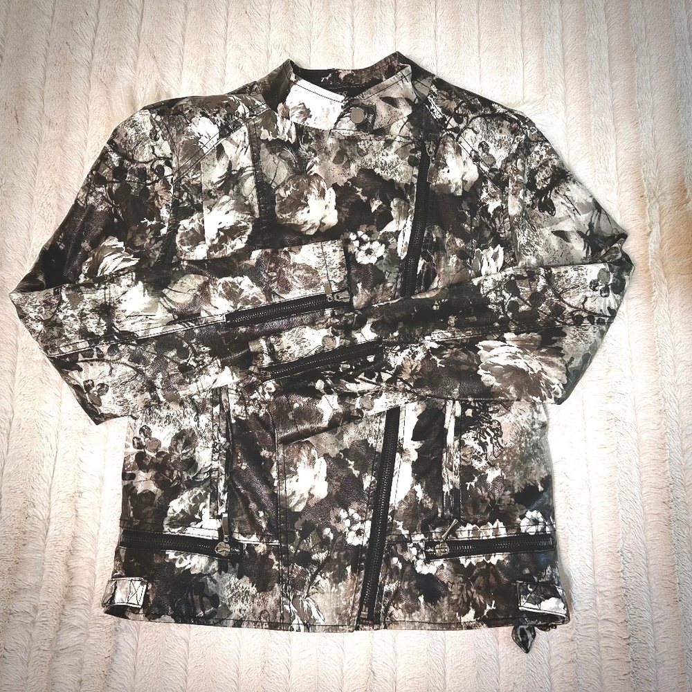 Lavena Vegan Leather Moto Jacket in floral grayscale print; Women's US Medium